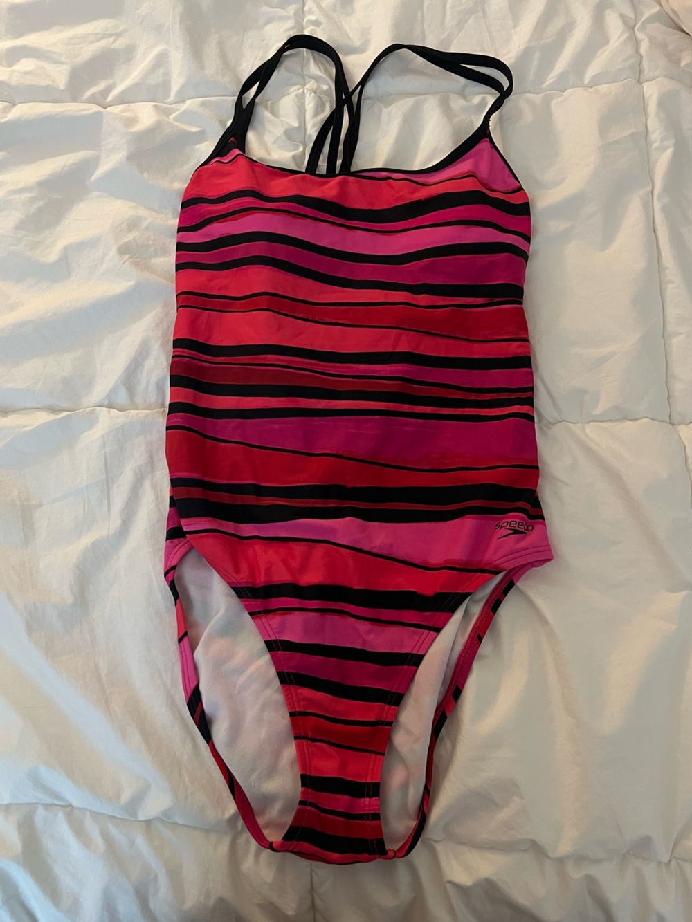 Speedo Pink , Red and Black Striped Swimsuit